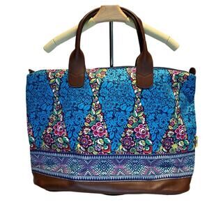 NWOT Amy Butler Colorful Blue Embroidered Ribbon Large Floral Tote Bag, Zip Top